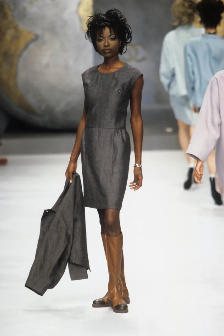 Chanel S/S 1996 Charcoal Gray Linen Sleeveless Halter Shift Dress