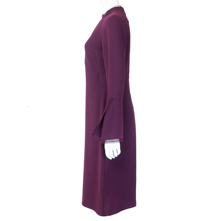 side view of Shoshanna Loarraine Merlot Purple Bell Sleeve Midi Dress