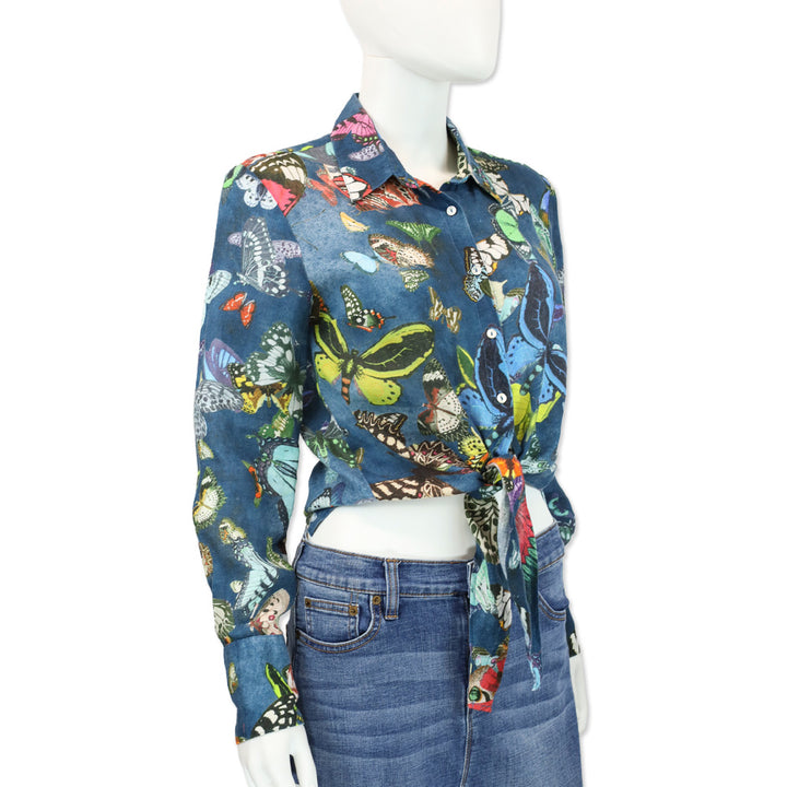 120% Lino Mulit Butterfly Button Up Tie Front Top