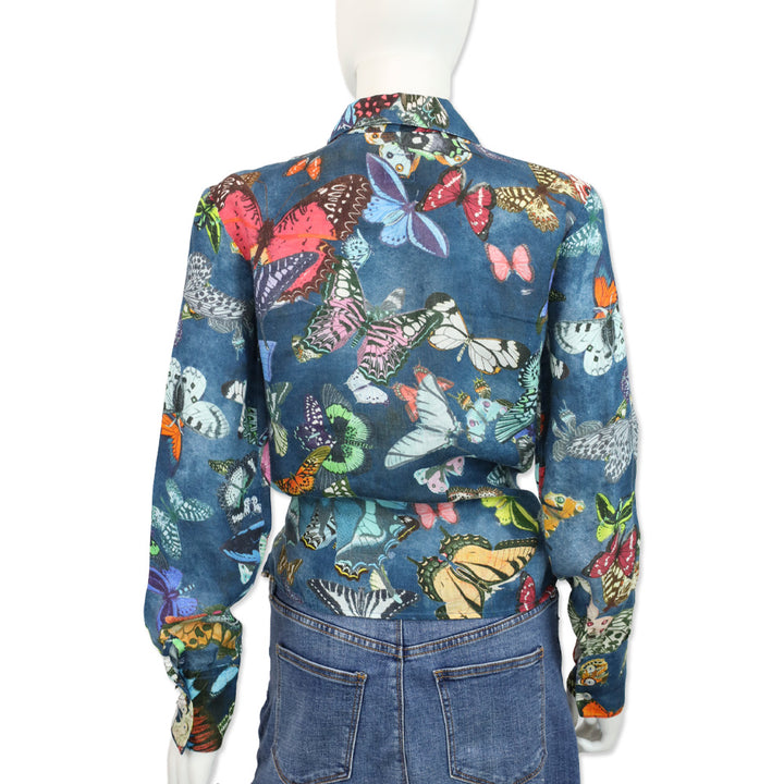 120% Lino Mulit Butterfly Button Up Tie Front Top