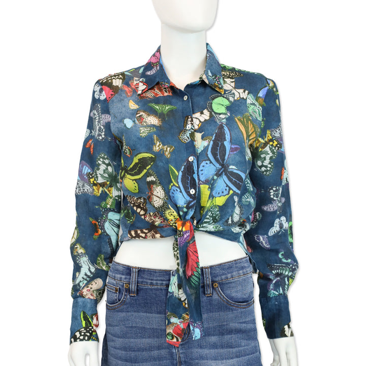 120% Lino Mulit Butterfly Button Up Tie Front Top