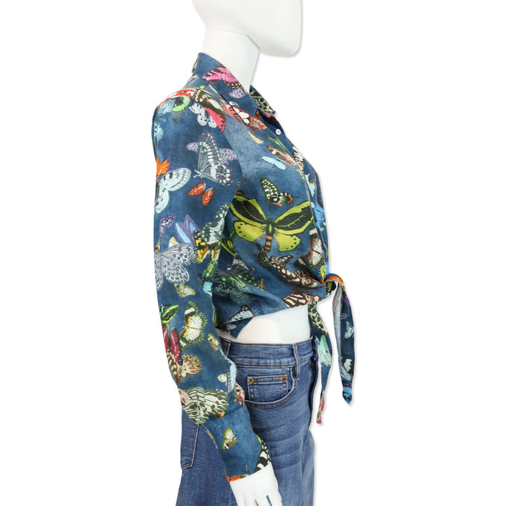 120% Lino Mulit Butterfly Button Up Tie Front Top