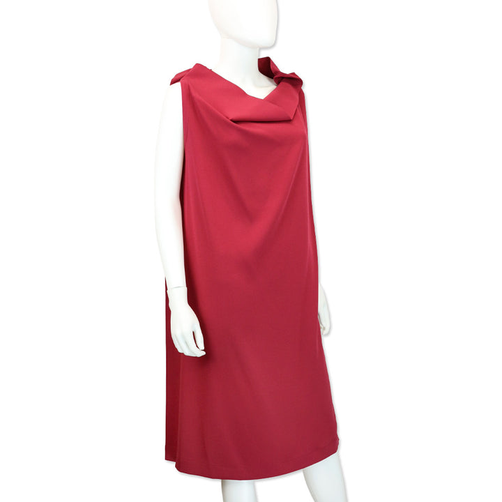 132 5. Issey Miyake Red Sleeveless Midi Shift Dress with Adjustable Button High Collar