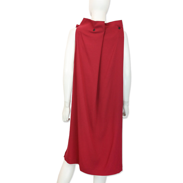 132 5. Issey Miyake Red Sleeveless Midi Shift Dress with Adjustable Button High Collar