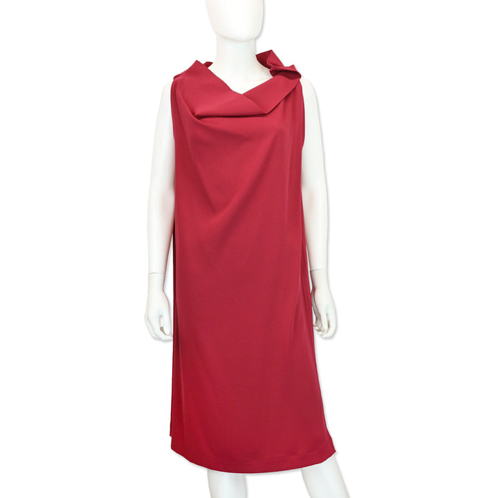 132 5. Issey Miyake Red Sleeveless Midi Shift Dress with Adjustable Button High Collar