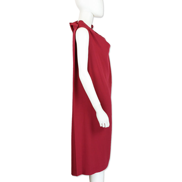 132 5. Issey Miyake Red Sleeveless Midi Shift Dress with Adjustable Button High Collar