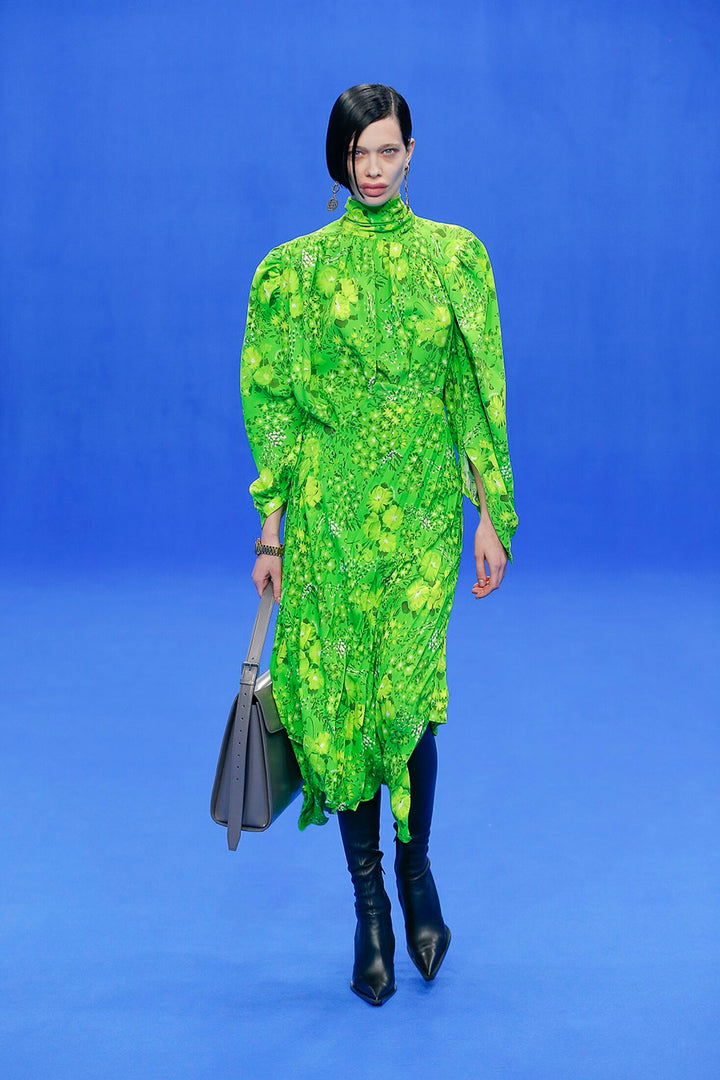 Balenciaga S/S 2020 Green Floral Pleated Asymmetrical Twist Midi Skirt