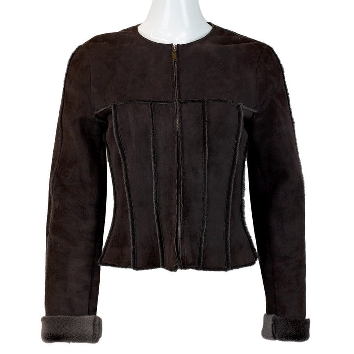 front view of Chanel Vintage Brown Shearling Crop Jacket