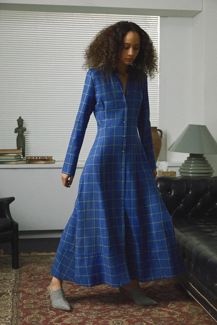 Khaite Fall 2018 RTW Blue Plaid Cotton-Blend Maxi Shirt Dress