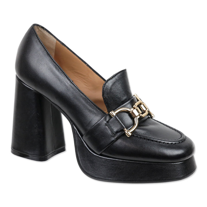 275 Central Black Leather Ornament Heel Moc Toe Fawn Loafer