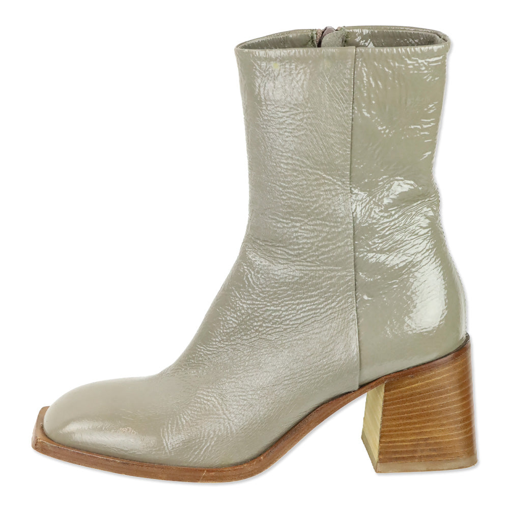 275 Central Grey Crinkle Patent Leather Square Toe Block Heel Ankle Boots