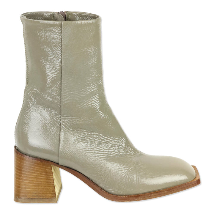 275 Central Grey Crinkle Patent Leather Square Toe Block Heel Ankle Boots