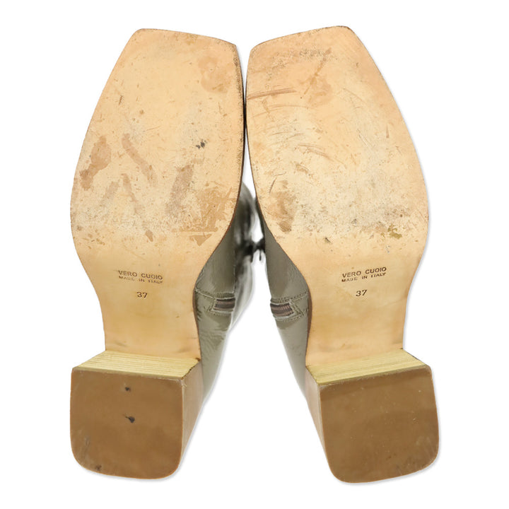 275 Central Grey Crinkle Patent Leather Square Toe Block Heel Ankle Boots