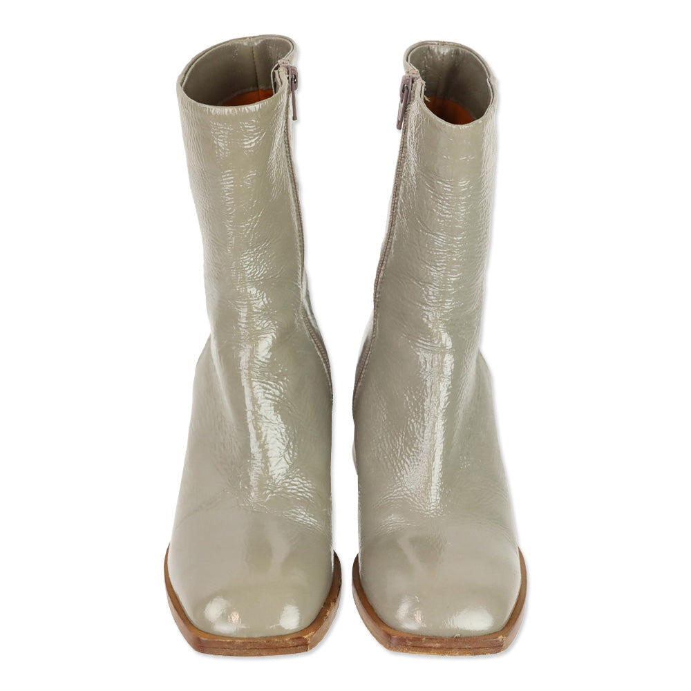 275 Central Grey Crinkle Patent Leather Square Toe Block Heel Ankle Boots