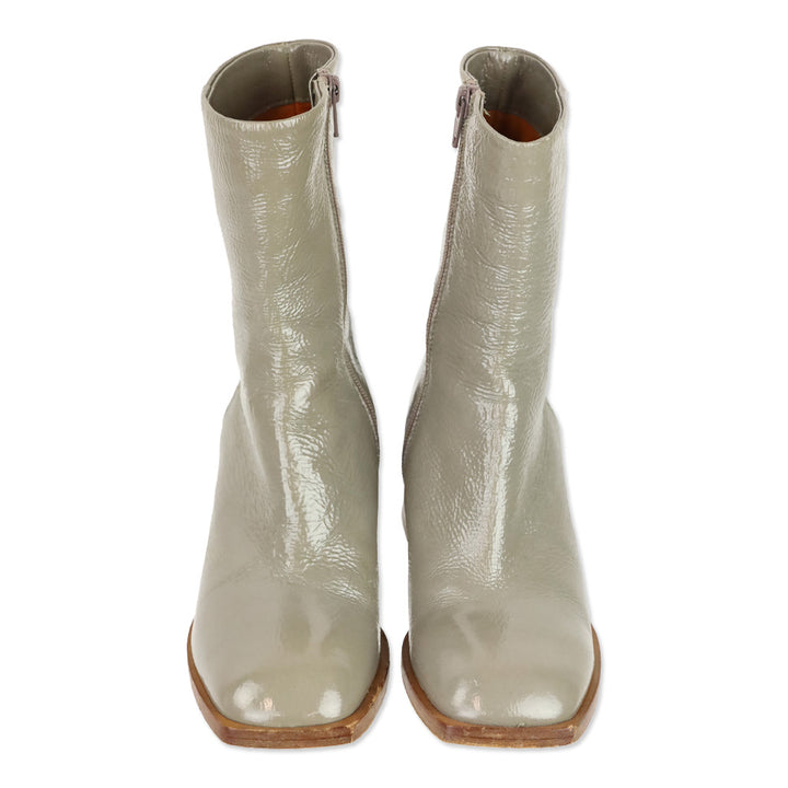 275 Central Grey Crinkle Patent Leather Square Toe Block Heel Ankle Boots