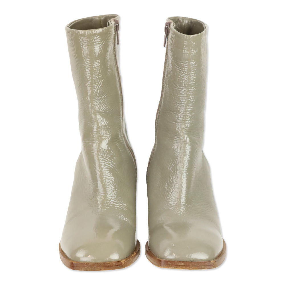 275 Central Grey Crinkle Patent Leather Square Toe Block Heel Ankle Boots