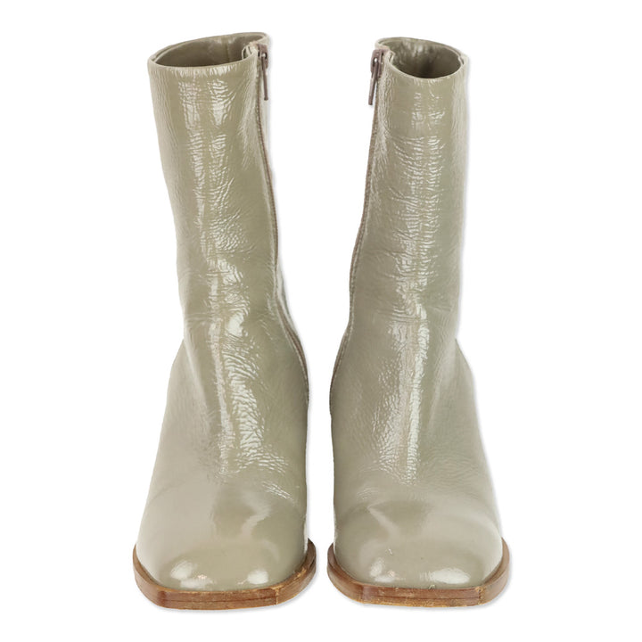 275 Central Grey Crinkle Patent Leather Square Toe Block Heel Ankle Boots