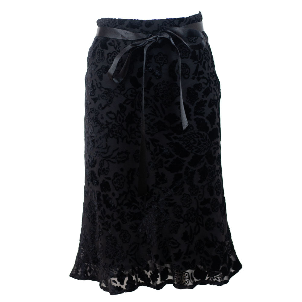 front view of Burberry Black Burnout Velvet Skirt