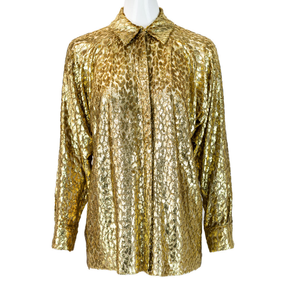 front view of Michael Kors Collection Metallic Gold Button Front Top