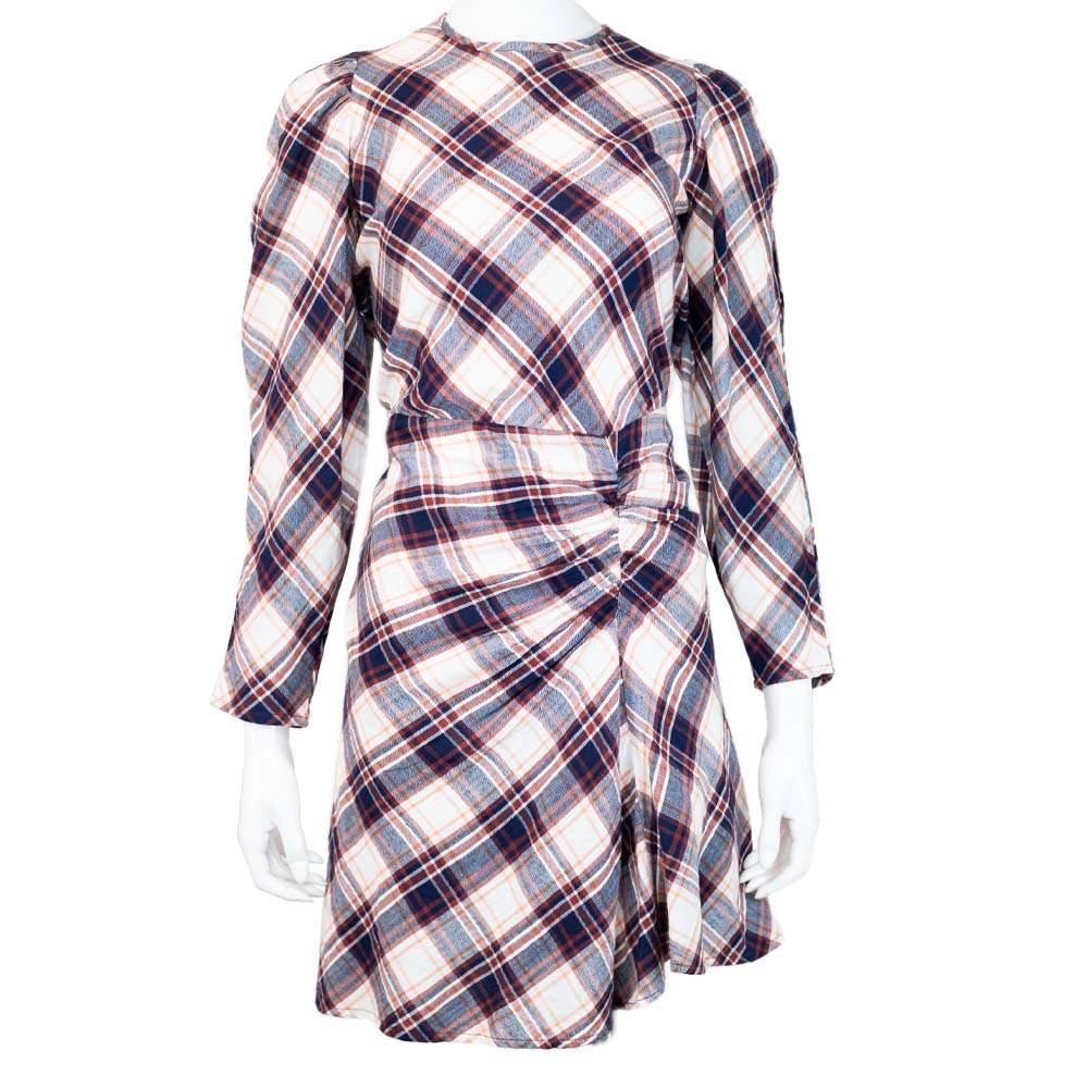 front view of Veronica Beard Jeans Agnor Plaid Puff-Sleeve Dress