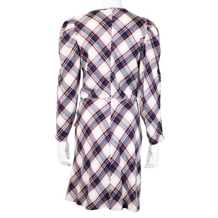 back view of Veronica Beard Jeans Agnor Plaid Puff-Sleeve Dress