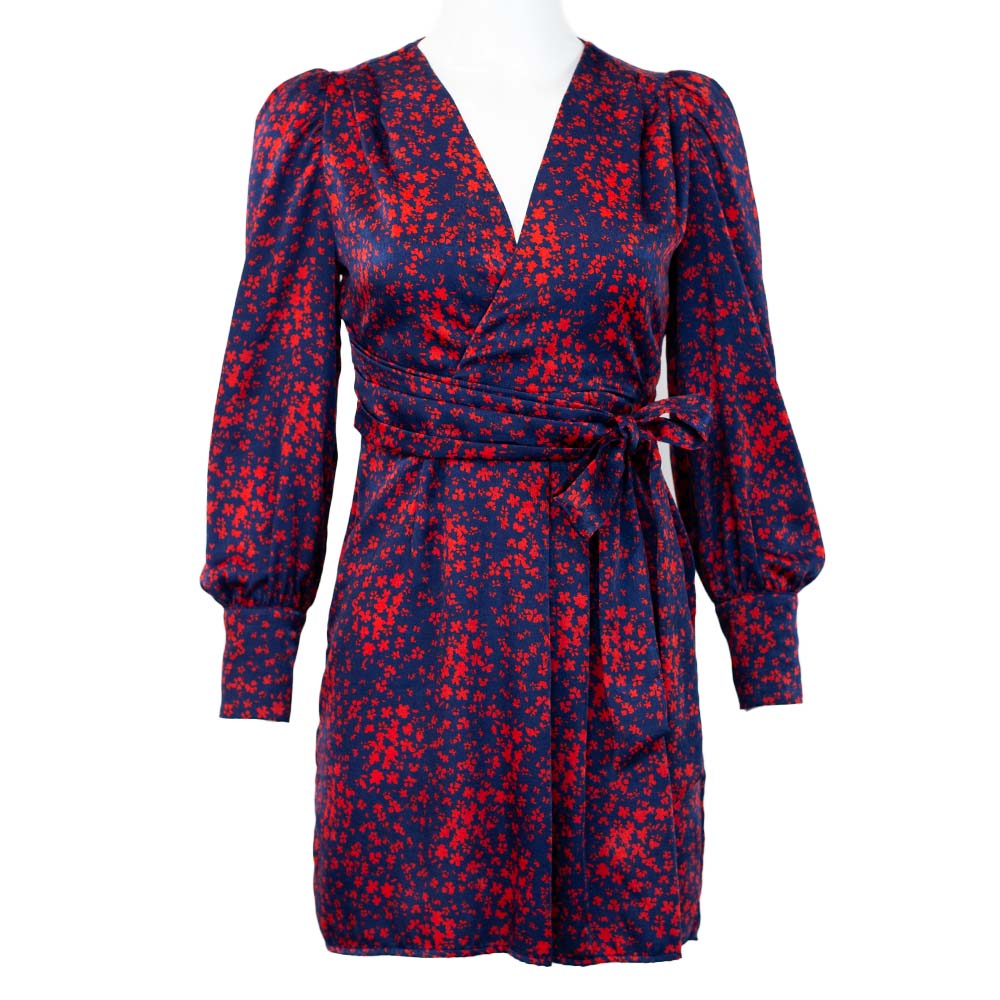 front view of FiveSeventyFive Navy & Red Floral Surplice Mini Dress