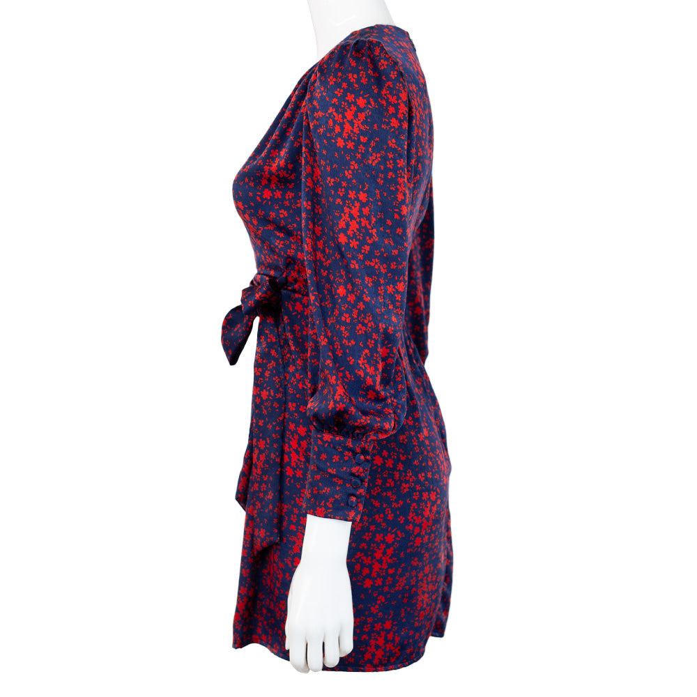 side view of FiveSeventyFive Navy & Red Floral Surplice Mini Dress