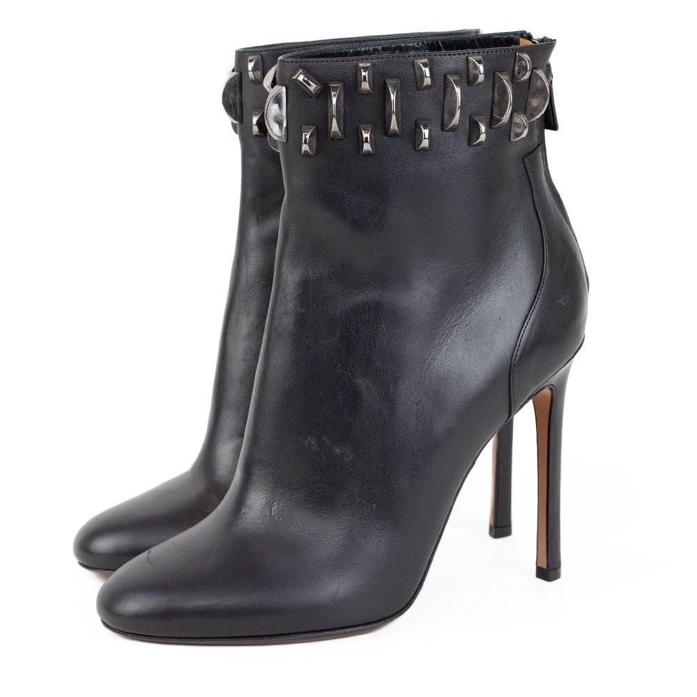 side view of Samuele Failli Black Studded High Heel Ankle Boots