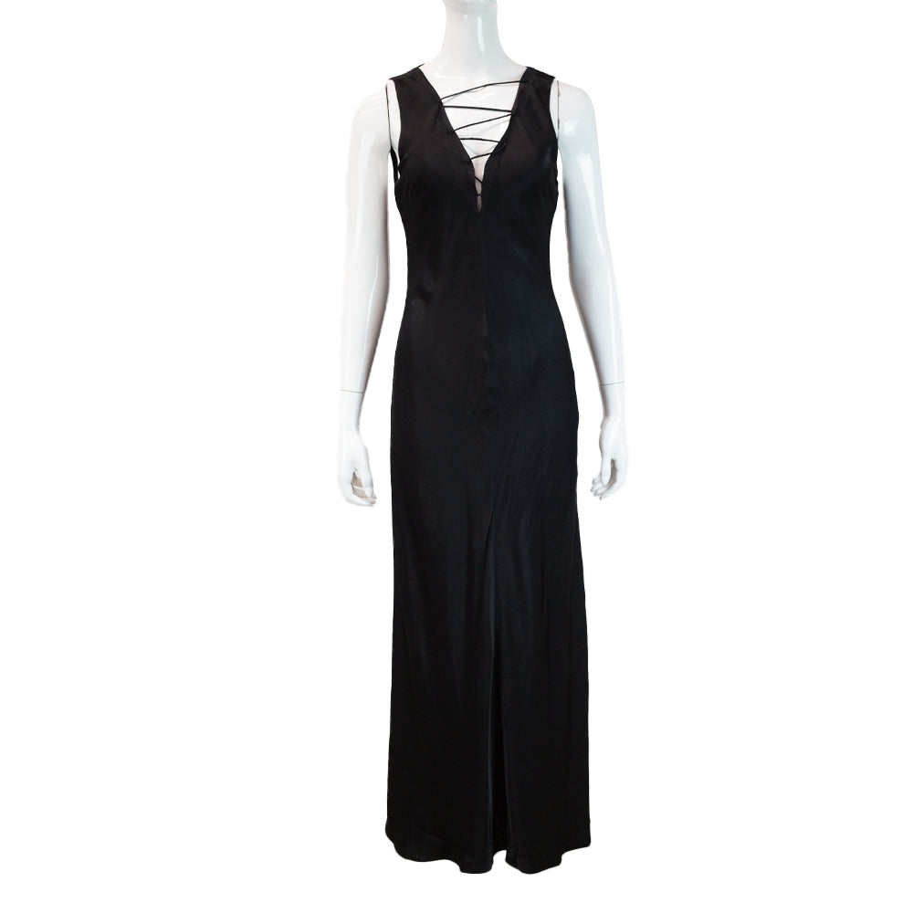Frame Black Satin Striped Lace Up Midi Dress