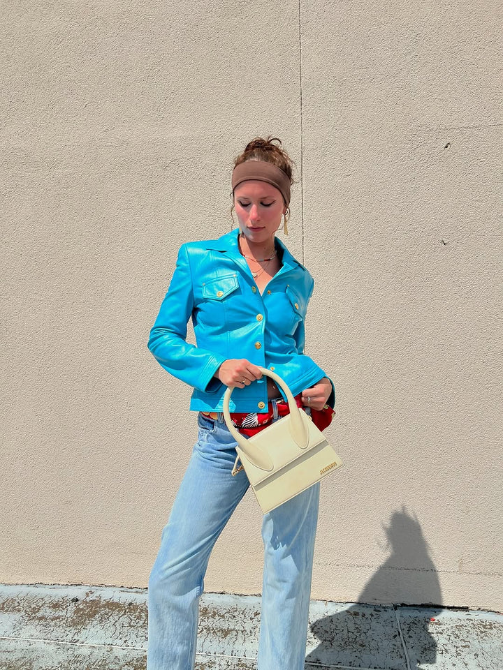Escada Metallic Teal Leather Gold Snap Button Jacket