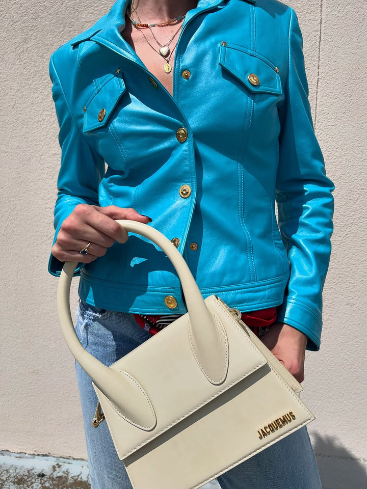 Escada Metallic Teal Leather Gold Snap Button Jacket