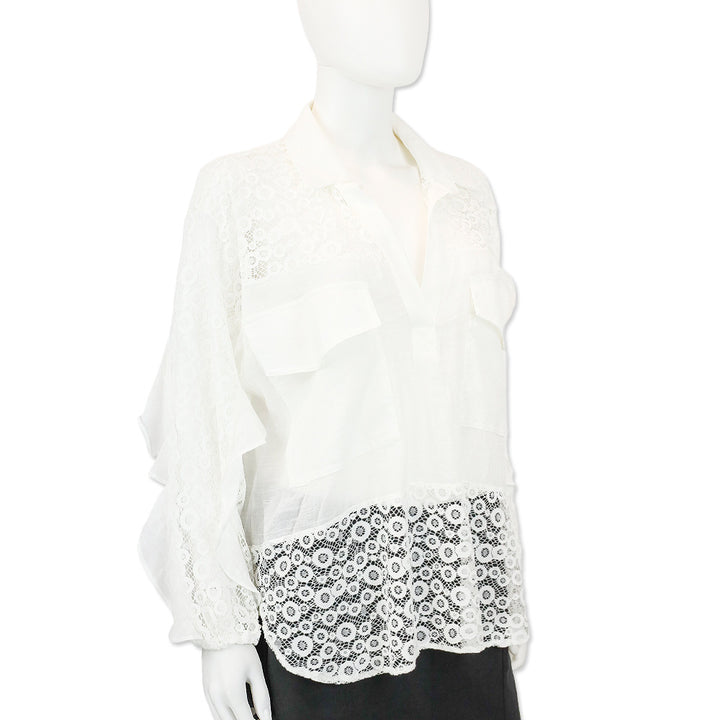 529 White L/S Lace Collared V-Neck Blouse
