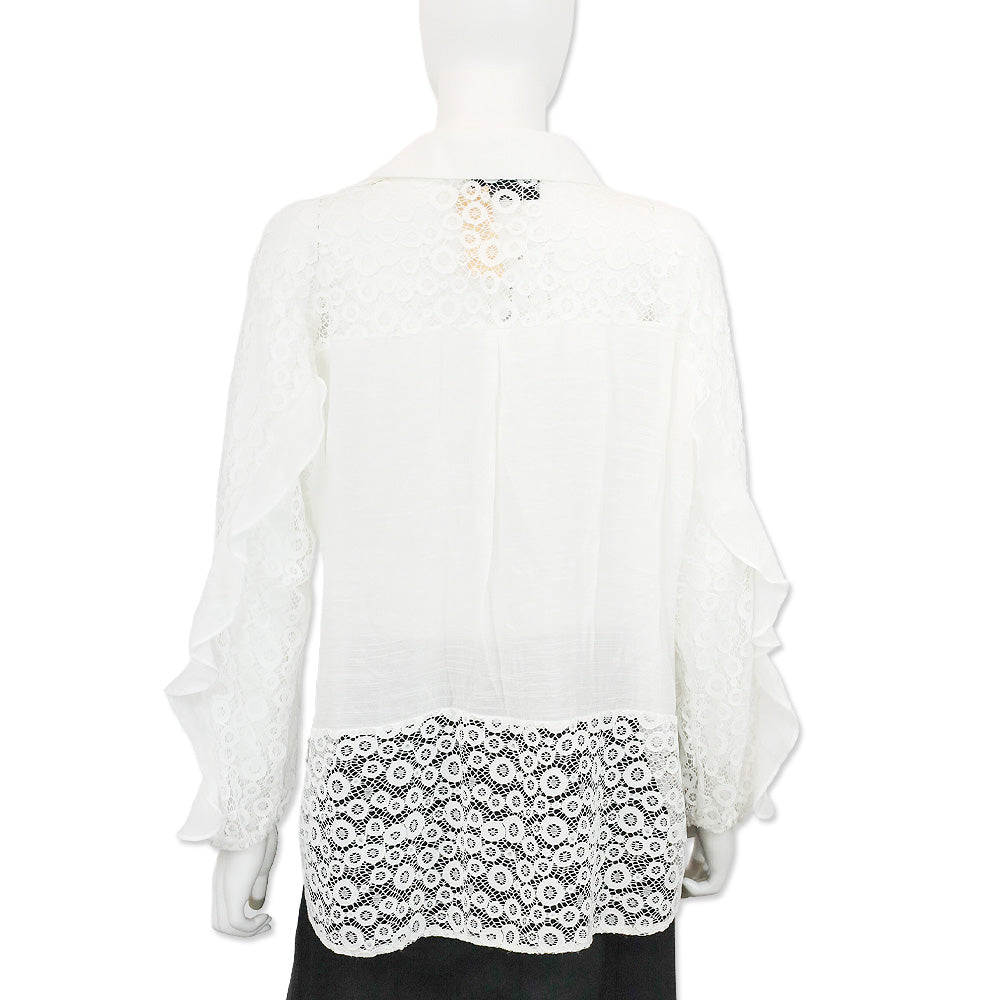 529 White L/S Lace Collared V-Neck Blouse