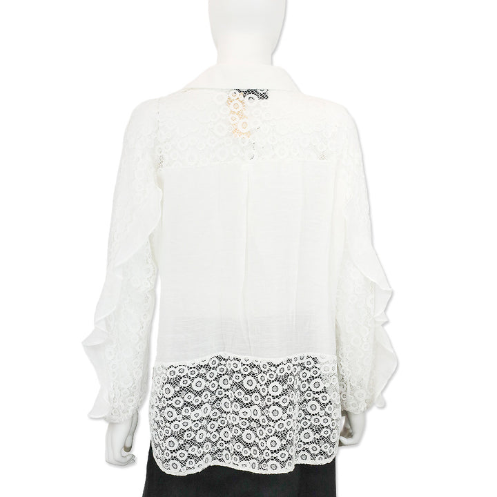 529 White L/S Lace Collared V-Neck Blouse