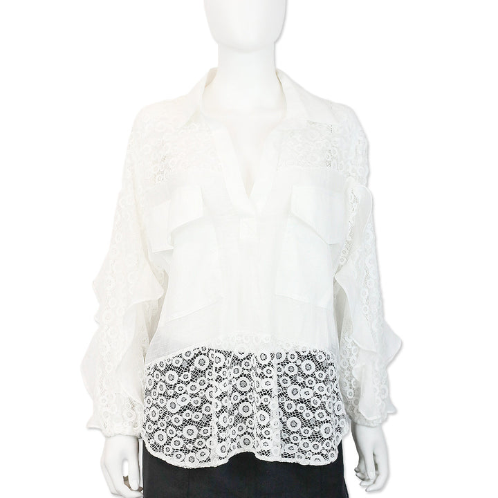 529 White L/S Lace Collared V-Neck Blouse