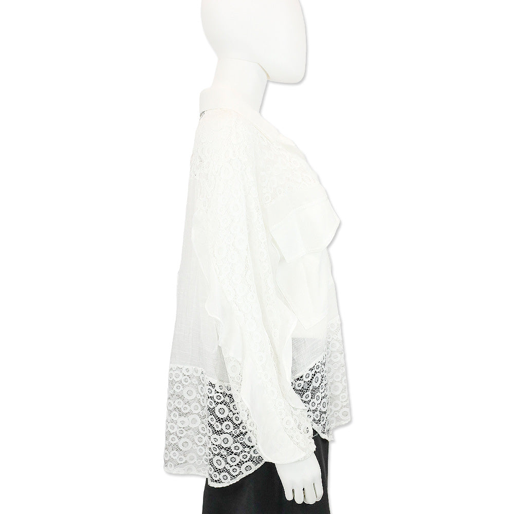 529 White L/S Lace Collared V-Neck Blouse