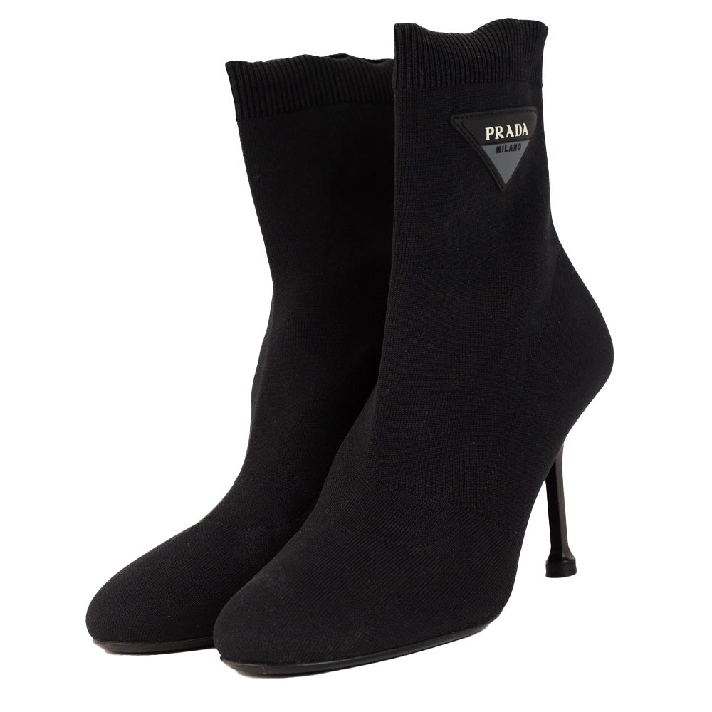 Prada Black Round Toe Logo 90 Sock Ankle Boots