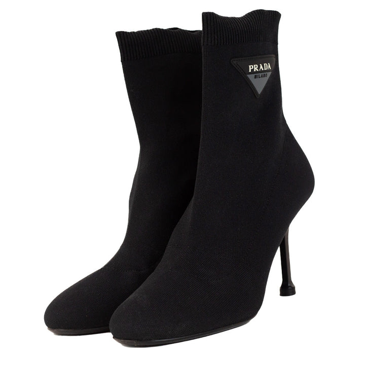 Prada Black Round Toe Logo 90 Sock Ankle Boots