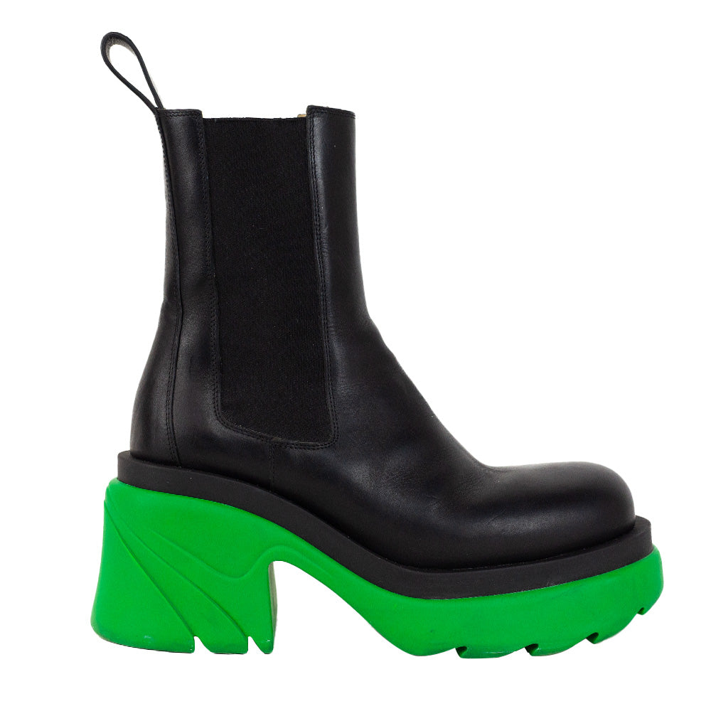 Bottega Veneta Flash Black & Green Leather Platform Chelsea Boots