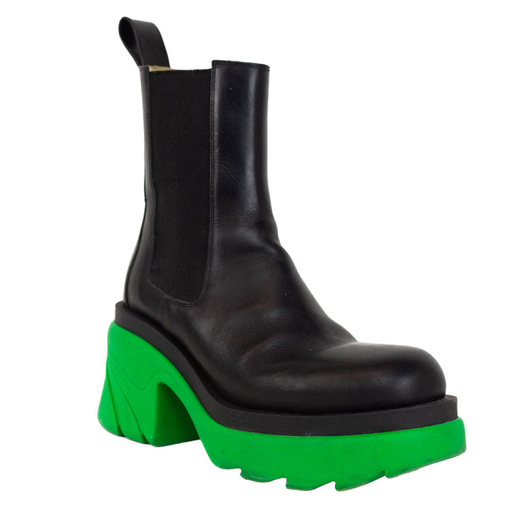 Bottega Veneta Flash Black & Green Leather Platform Chelsea Boots