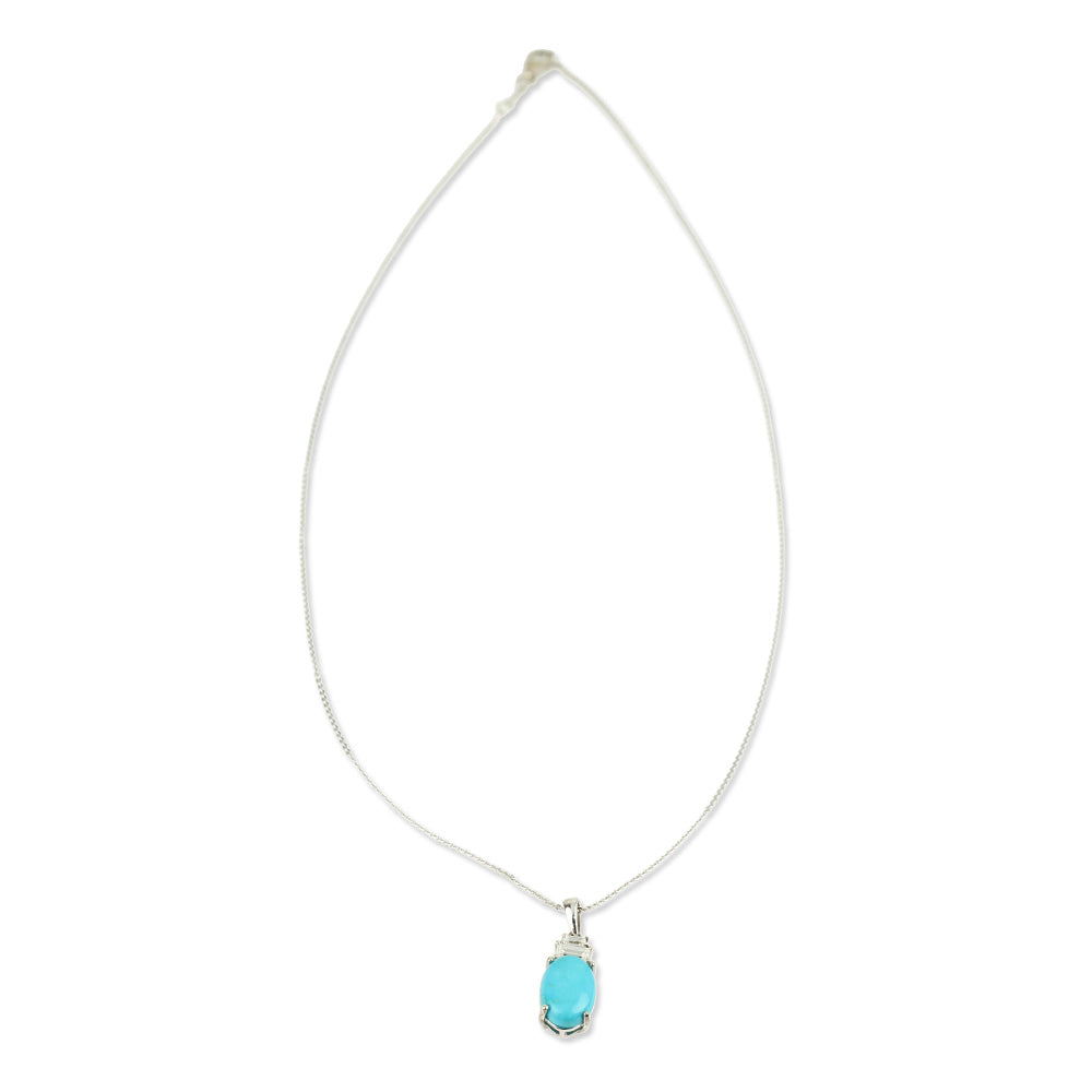 925 Sterling Silver Tiered Diamond and Premium Sleeping Beauty Turquoise Oval Pendant Necklace