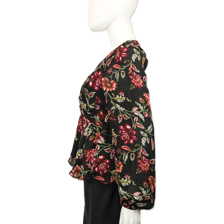 A.L.C. Logan Black Floral Twist Knot Silk Blouse