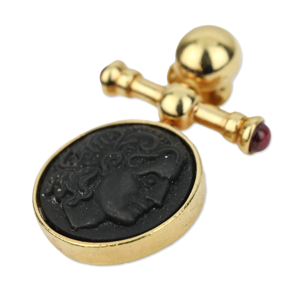 AFJ Gold-tone Black Engraved Face Circle Brooch Pin