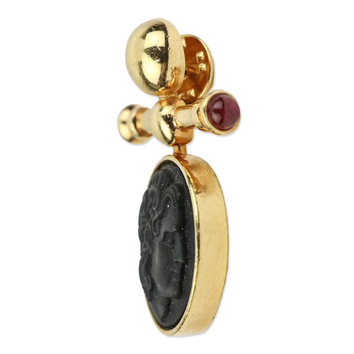 AFJ Gold-tone Black Engraved Face Circle Brooch Pin