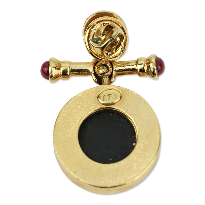 AFJ Gold-tone Black Engraved Face Circle Brooch Pin
