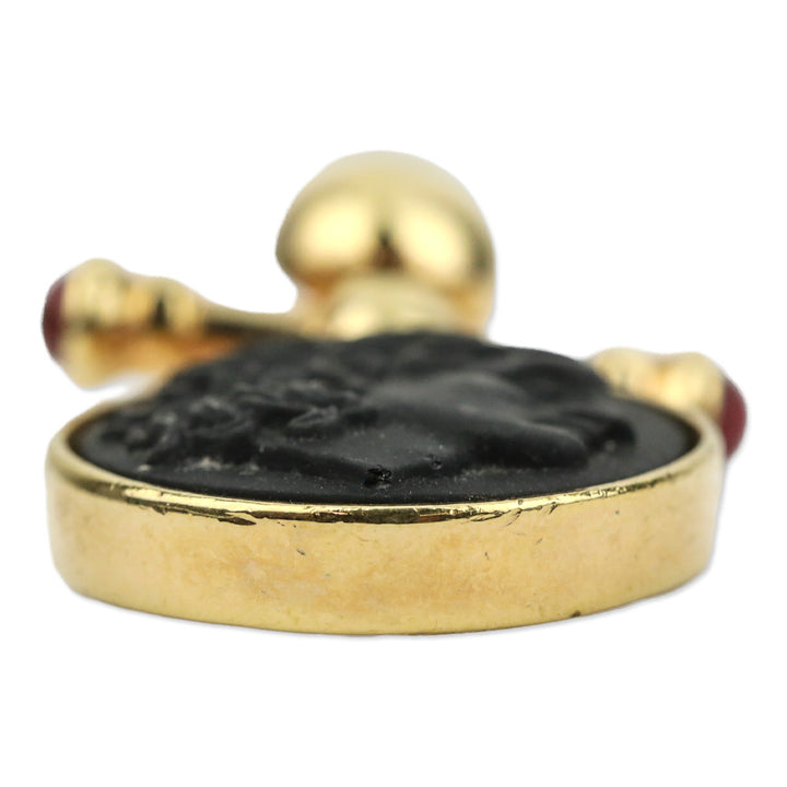 AFJ Gold-tone Black Engraved Face Circle Brooch Pin