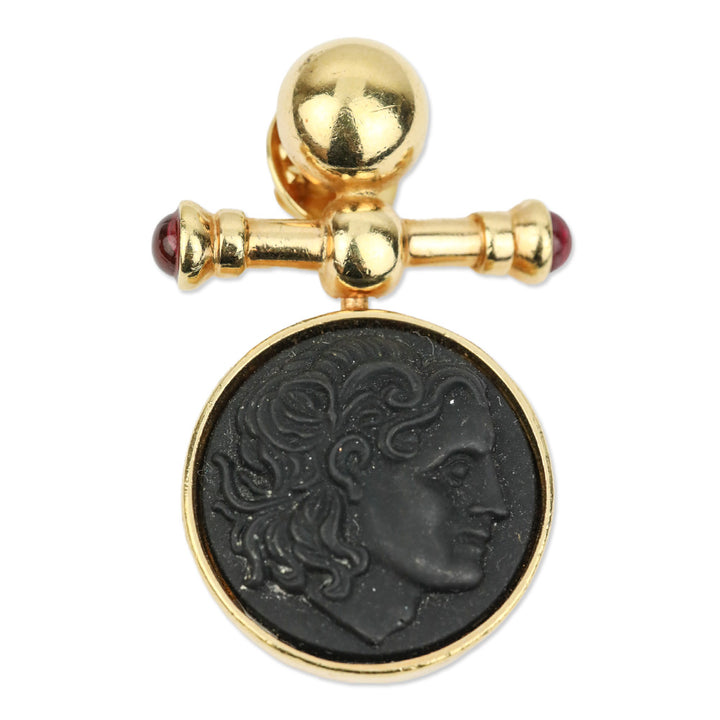 AFJ Gold-tone Black Engraved Face Circle Brooch Pin