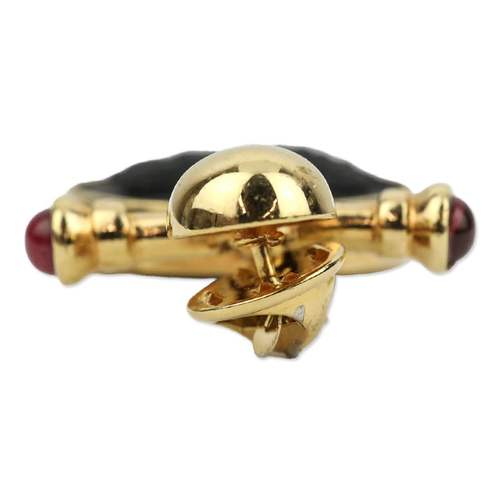 AFJ Gold-tone Black Engraved Face Circle Brooch Pin