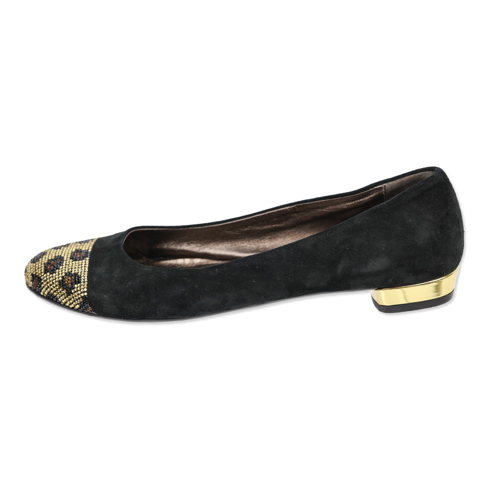 AGL Black Suede Leopard Crystal Studded Cap Toe Ballet Flats