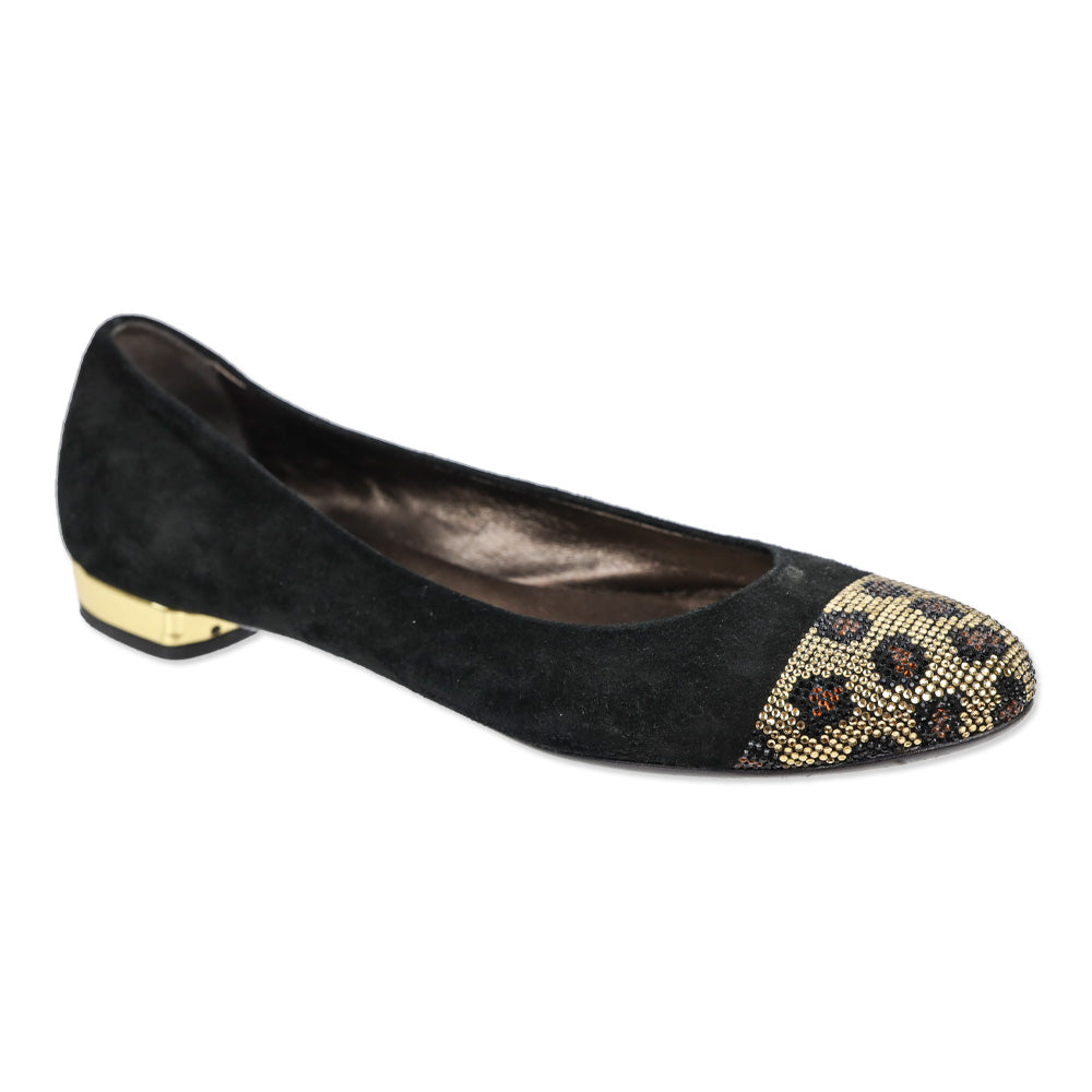 AGL Black Suede Leopard Crystal Studded Cap Toe Ballet Flats